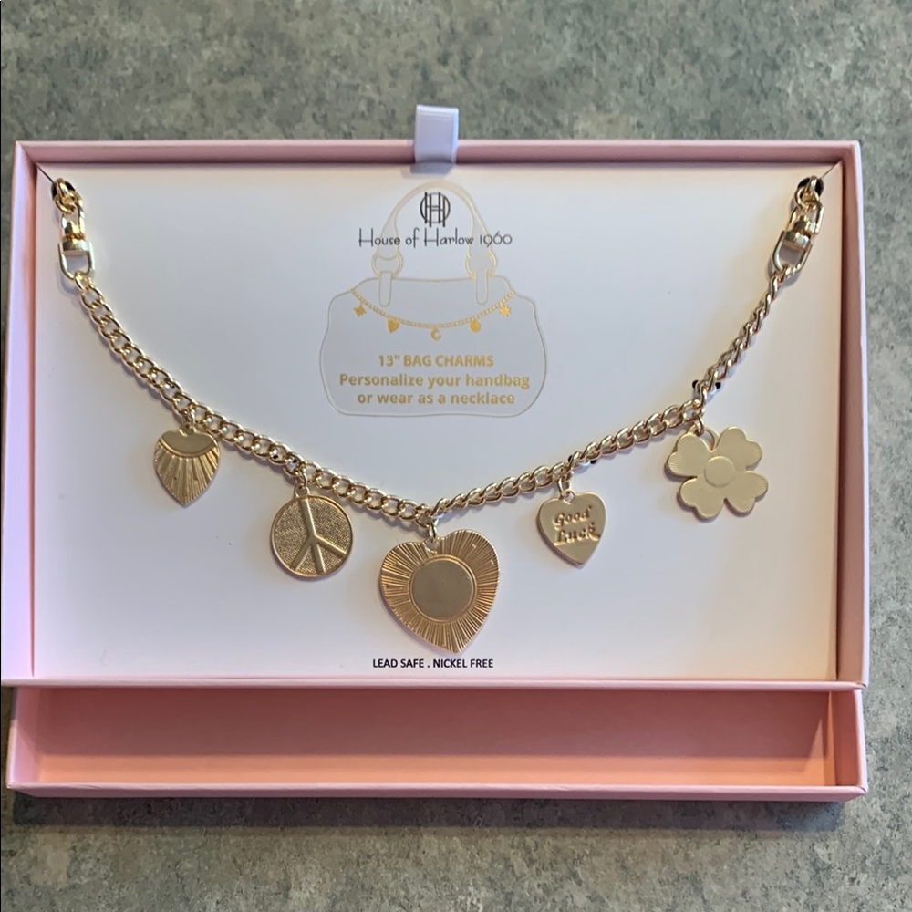 House of Harlow 1960 Gold Bag Necklace with Elegant Charms
